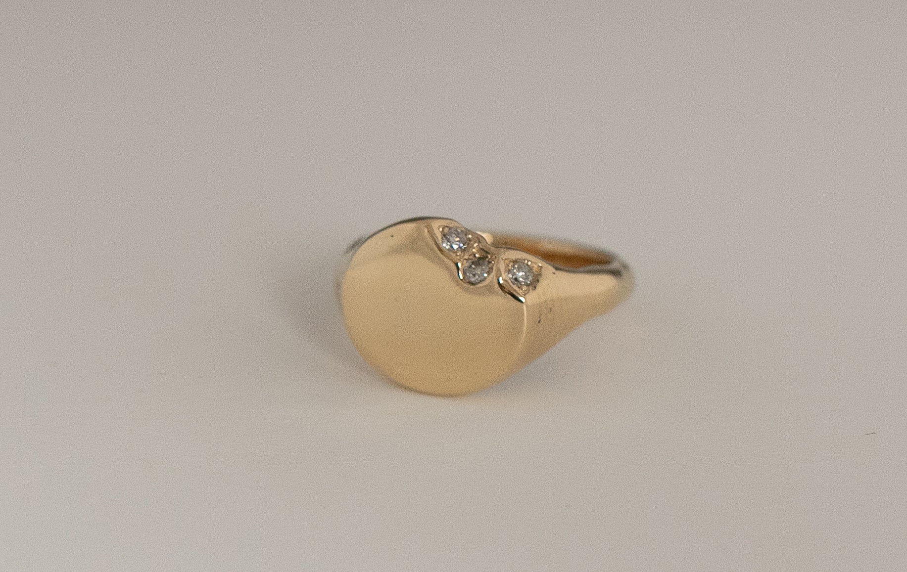 14ct yellow gold signet ring with a smooth, organic finish and two small sparkling gemstones set against a neutral background.